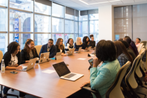 一大群人，大多是黑人女性，在一个充足的办公室围绕一张大桌子见面