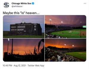 一张推特上的截图，展示了在美丽的日落下一个棒球场的四张照片。