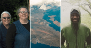 两名来自东海岸的微笑的白人妇女，新斯科舍省的鸟瞰图，在雾蒙蒙的日子里在森林里有一个微笑的黑人。