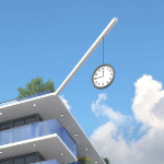 悬挂在一根长而细的杆子上的钟，杆子伸出建筑物屋顶的一角。