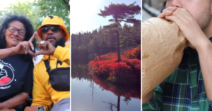 三张照片:一名土著妇女和一名黑人男子做了一个组合手势，一棵倒映在湖中的树，一名白人男子对着一个纸袋呼气。