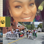 Two photos: a smiling Black woman, and Black people in the Emancipation Day parade