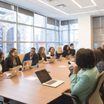 一群大多数黑人在一个充足的办公室里的一个大型会议桌周围。