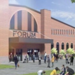 拟议的论坛重建的渲染，显示草和树木前面。