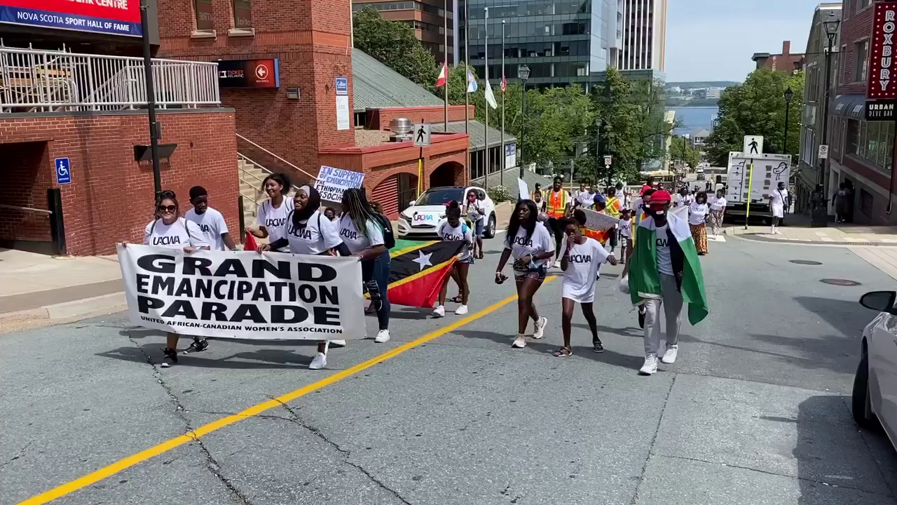 黑人游行者在街道上举着写着“大解放游行”的横幅