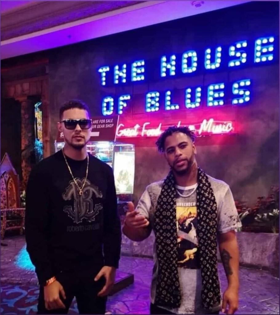 Nova Scotia hip hop artists Andrew Winter and Kalen Simmonds stand in front of the stage at The House of Blues, a music venue in Las Vegas.