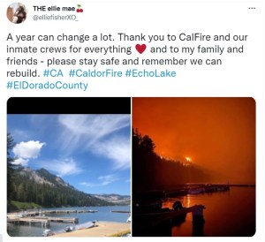 推特上写着，一年可以改变很多。感谢加州消防局和我们的囚犯工作人员所做的一切♥️，感谢我的家人和朋友——请保持安全，记住我们可以重建。