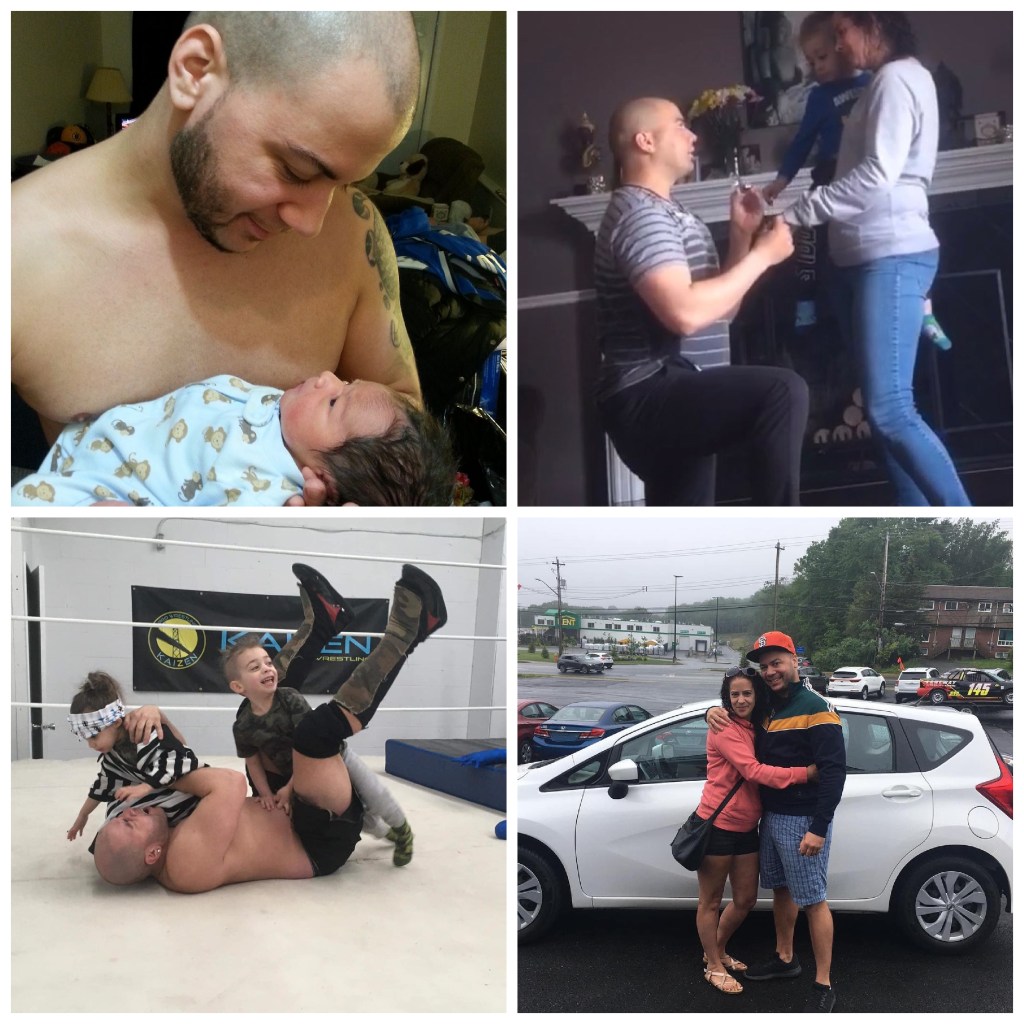 一组JP·希姆斯的照片，包括一张与他刚出生的孩子的照片，另一张是希姆斯向女友求婚的照片，一张是希姆斯与年幼的孩子在摔跤场上的照片，还有一张是希姆斯与未婚妻在汽车前的照片。