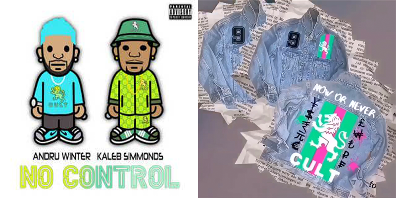 A photo of the cover of Andrew Winter and Kaleb Simmonds latest single called No Control. The image is a cartoon drawing of Winter and Simmonds. There is also a photo of a denim jacket Winter designed that will be part of a giveaway when the single is released. The design on the jacket says Now or Never and Cult. A dragon is in the centre of the jacket design.