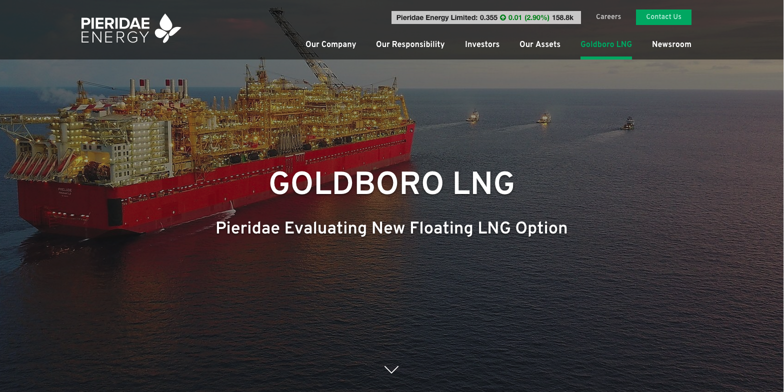 Pieridae Energy网站截图，显示Pieridae正在评估新的浮式液化天然气选择