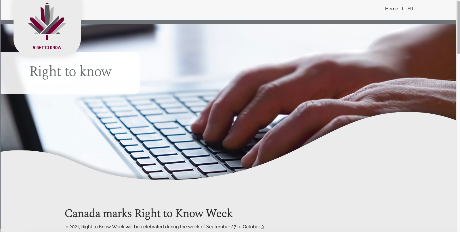 “知情权周”的宣传截图，显示一个人正在电脑上打字。书上说加拿大标志着知情权周。2021年，“知情权周”将于9月27日至10月3日举行。