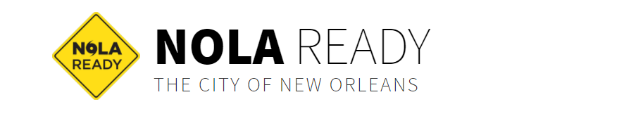 一个网站顶部的横幅。它显示了一个黄色的路标，上面写着“NOLA READY”，旁边写着“NOLA READY”，下面写着“the City of New Orleans”