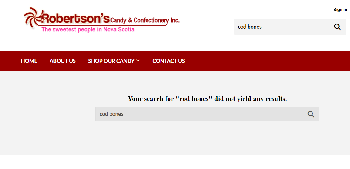 网页截图，名称Robertson的糖果和糖果在顶部。下面是一个带有“COD Bones”的搜索框，并“搜索COD骨骼的搜索没有产生任何结果。”