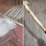 Two photographs, one of a broken chair and one of a carved stick