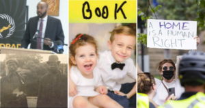 来自本周文章的四张图像：Brandon Rolle，黑色和John Byard和Samuel Jones II，Braxton和Bria Dort的照片，以及举行符号的抗议者，说家是人权。