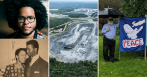 本周文章的照片：三个黑人，Touquoy矿的开阔坑，还有一个老人白人，拿着一个带有白鸽子的织物标志以及上面的正义与和平。