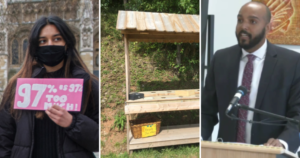 来自周末文件的三个光。一个少女的颜色持有粉红色的抗议标志，读取97％的人太多，一个空的农民的立场，一个带有Nova Scotia法律援助的黑律师