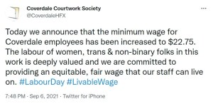 来自科弗代尔法院协会的一条推特称，今天我们宣布科弗代尔员工的最低工资已提高到22.75美元。妇女的劳动;在这项工作中，非二元性别的人深受重视，我们致力于提供公平、公平的工资，使我们的员工能够生活下去。