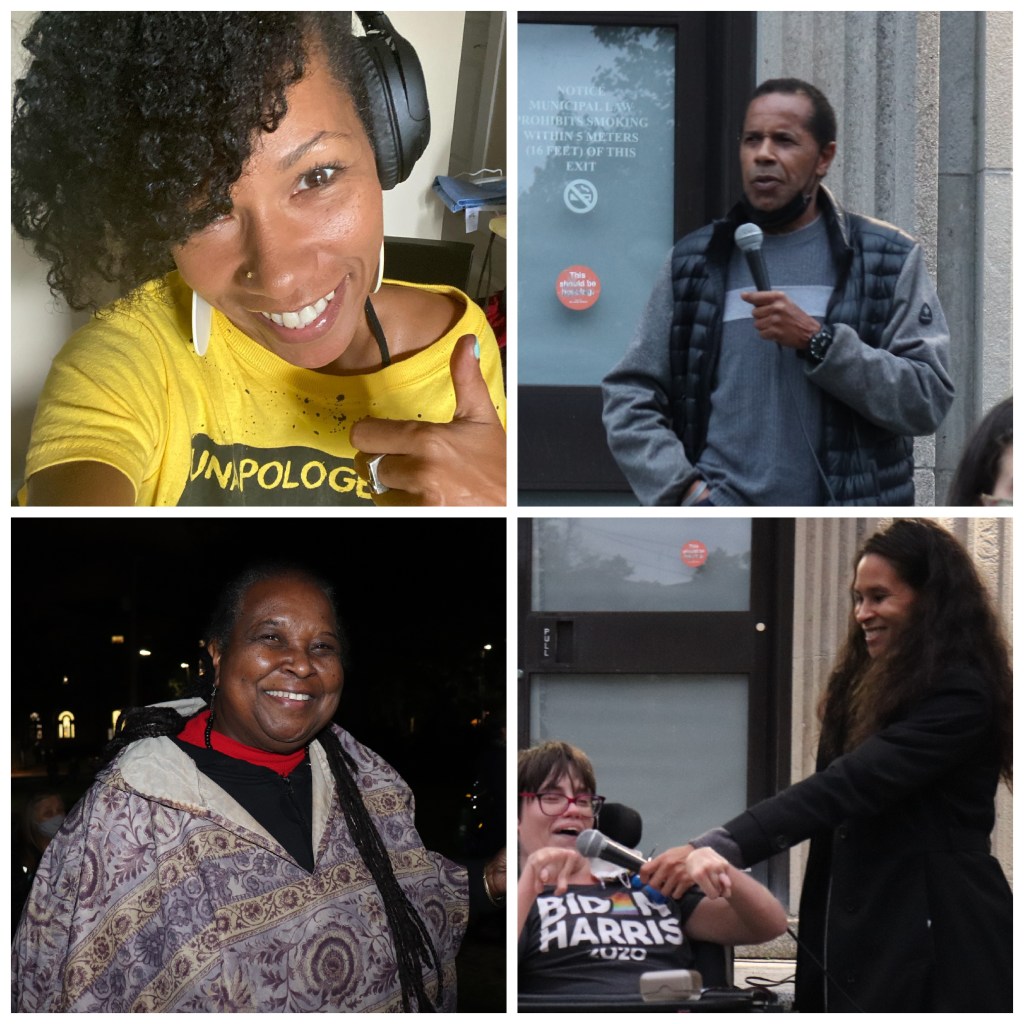 黑人NS倡导者作家:安吉拉·鲍登，雷蒙德·谢泼德，林恩·琼斯和埃尔·琼斯(方形四张照片拼贴)