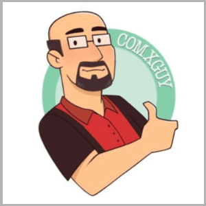 卡拉姆·约翰斯顿的漫画，一个友好的白人，有一个发亮的头，深色山羊胡子，眼镜，穿着时髦的黑红保龄球衫。在他身后是一个绿色的圆圈，上面写着“Comx guy”，这是故意拼错的“Comics guy”。