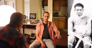 左图:Paul Byard与电影导演Hubert Davis谈论海岸有色曲棍球联盟。右图:Byard的父亲St. Clair Byard曾效力于特鲁罗维多利亚队