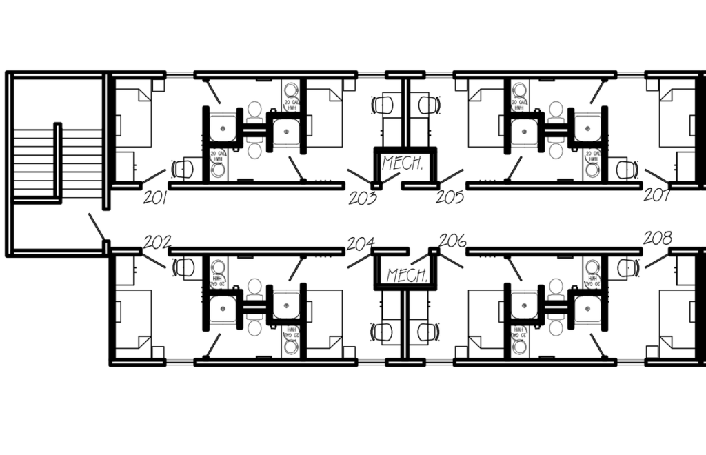 平面图在左侧显示楼梯，然后在八个房间，每个房间都有床，桌子和椅子，以及带淋浴，厕所和水槽的洗手间。房间标记为201至208。走廊的两侧都有两个机械壁橱。“width=