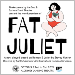 《胖朱丽叶》的海报，白色背景上黑体字，还有一幅漫画:一头黑发、身穿红色连体泳衣的胖年轻女子，手里拿着日记本，面带微笑。