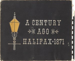 一本名为《一个世纪前》的书的照片，哈利法克斯1871。只有一根灯柱的黑色罩子。