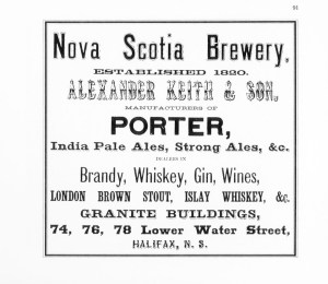 新斯科舍啤酒厂的广告，写着亚历山大·基思和儿子。它为波特啤酒、印度淡啤酒、烈性啤酒，以及白兰地、威士忌、杜松子酒、葡萄酒、伦敦布朗黑啤、艾雷威士忌做广告。那时候可不止是啤酒。