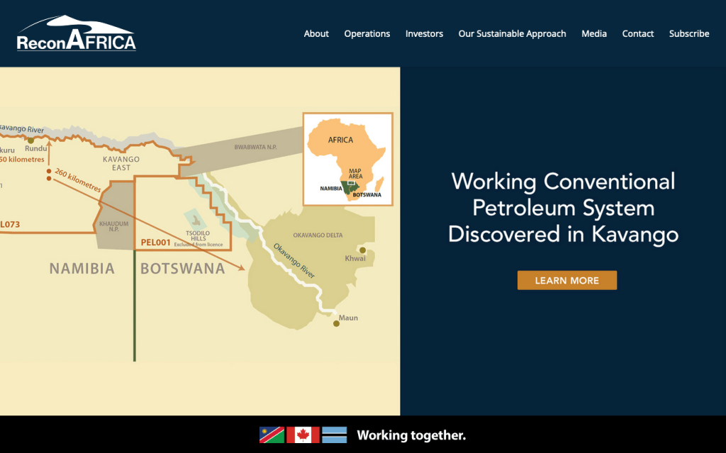 ReconAfrica网站显示纳米比亚和博茨瓦纳的作业区域