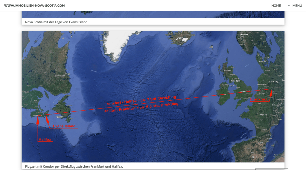 截图显示HAMECO Immobilien NS网站显示从德国法兰克福到新斯科舍省哈利法克斯的红色航线。这张截图左边是大西洋各省的地图，右边是西欧的地图。大西洋在中间，航线在上面。