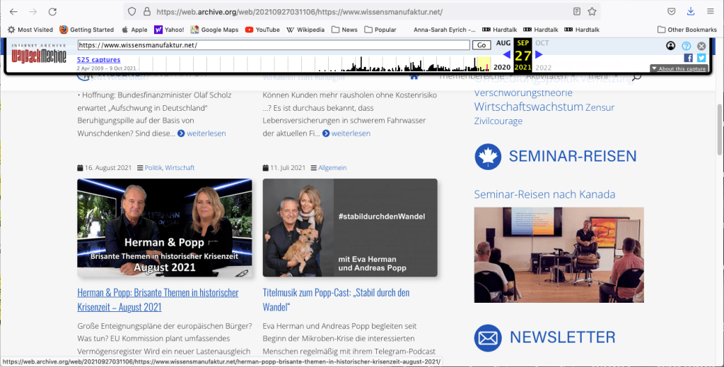 一张来自Wayback Machine的照片，显示了2021年10月9日之后被删除之前的wissenmanufaktur与研讨会旅行部分。