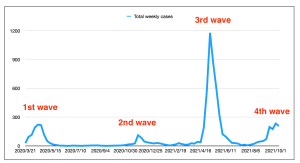 显示四波大流行中每一波新冠肺炎病例数量的图表。