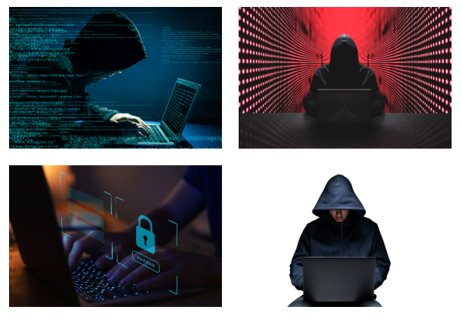 四个图像的蒙太奇应该代表黑客。三幅画上穿着黑色连帽衫的人弓着腰趴在电脑前，一幅画上的屏幕上有一把锁的图像。