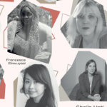 AfterWords文学节的海报，展示了几位作家的黑白照片，背景是粉红色的米色