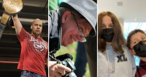 三张照片:JP·希姆斯，穿着红色t恤，头上举着一条金色的摔跤腰带;Robert Devet拿着相机开心地笑着;五年级的扎克·伯基和他稍大一点的妹妹玛吉在自拍中戴着口罩