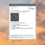 A proof of vaccination document floating on a sunset sky with puffy orange clouds