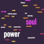 一个词云与权力和灵魂和其他buzzwords in bright colours against a black background