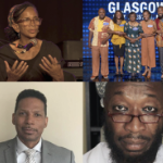 Four photos: a Black woman gestures while she talks, a group of five Black people on stage with arms linked, a head and shoulders shot of a Black man in a grey suit, and a closeup of a Black man wearing glasses.