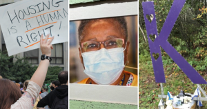 3 photos from this week's articles: a woman holds a sign at a protest, a black nurse in a medical mask, a purple letter K at a roadside memorial.