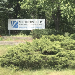 矩形的北浆标志，讽刺的是它被绿色植物包围着