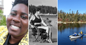 本周文章中的三张照片:一个穿着黄色夹克的微笑黑人妇女，一个坐在沙滩上轮椅上的白人妇女，三个在湖上独木舟上的人。