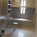 位于伯恩赛德的新斯科舍省中央惩教所的牢房内。它超级小，所有东西都漆成米色。有两张铺位，其中一张遮住了小窗户。墙上有一张小桌子，地板上有一张凳子。在门边的角落里是盥洗室和厕所。非常的温馨舒适。