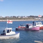 三艘中等生计的小船停靠在圣玛丽湾的索尔尼尔维尔码头。一辆是白色带蓝色镶边的，一辆是粉色车体，还有一辆是红色车体。每个人都挂着米克马克的旗帜。