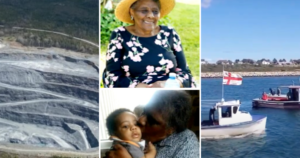 本周文章中的四张照片:从空中俯瞰大西洋黄金的露天矿场;劳拉·达耶(Laura Daye)，一位年长的黑人女士，戴着一顶宽边草帽，穿着一件印着粉红色花朵的海军蓝衬衫;劳拉亲吻她的孙子;三艘渔船，其中一艘在阳光明媚的日子里悬挂着米克马克旗。