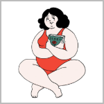 海报上的卡通胖朱丽叶。她有一头黑发，穿着一件红色的连体泳衣，拿着一本日记。