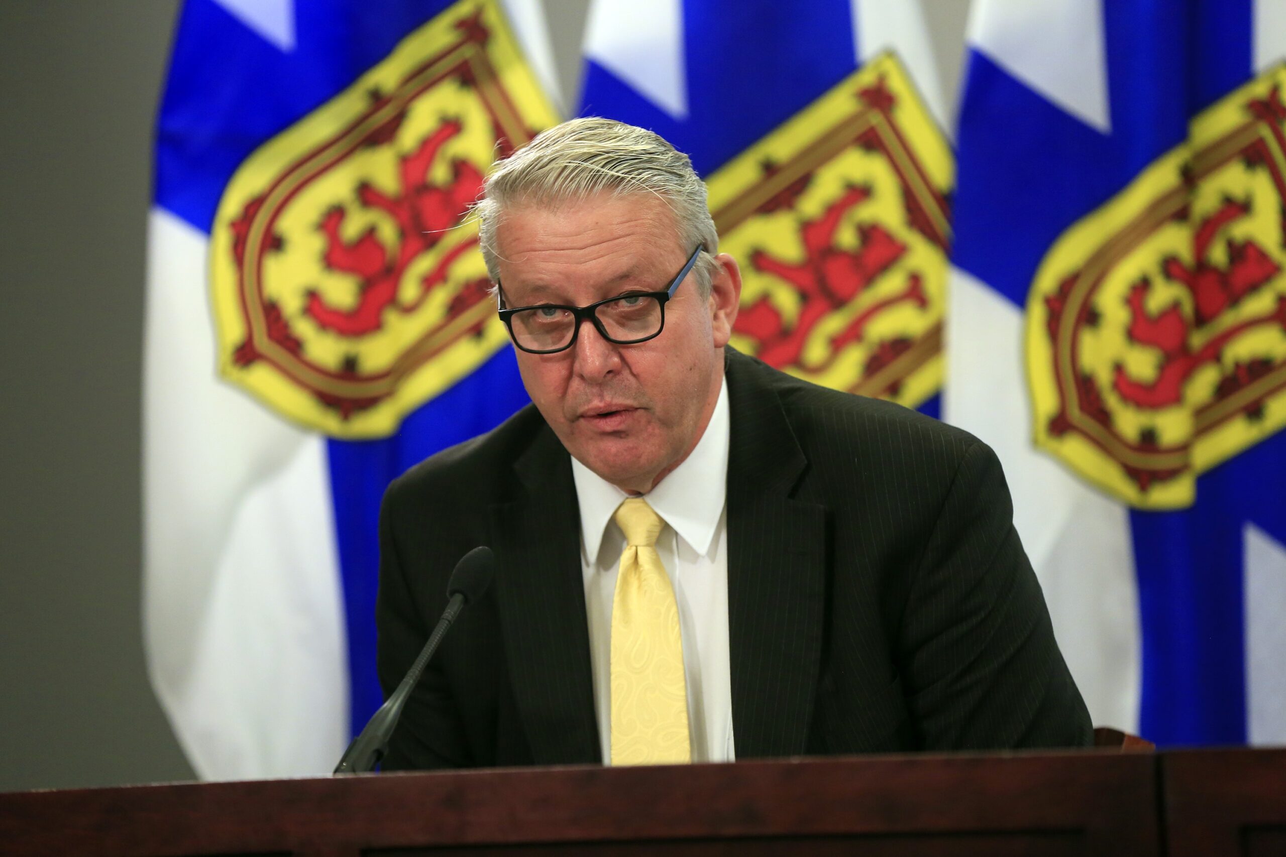 一名身穿黑色细条纹西装、白色衬衫、黄色领带和眼镜的男子在讲台上发言。背景是三面新斯科舍省的旗帜，分别是蓝、黄、红三色。