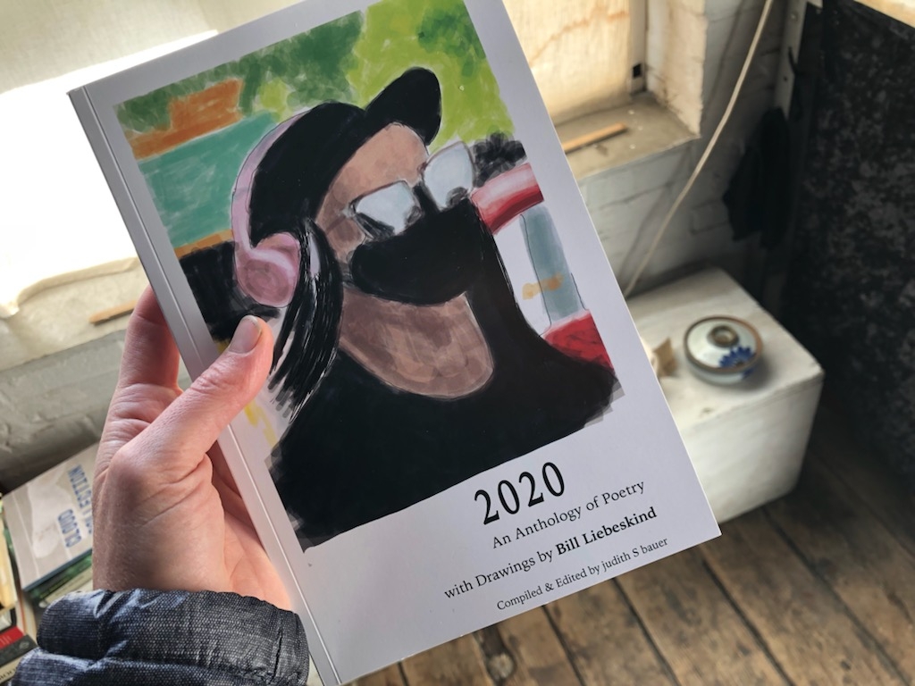 一只手拿着一本平装书。这本书的封面上画着一个戴着棒球帽和大耳罩耳机的男人。他留着长发，我们可以看到他戴着一副普通的黑色面具。我们还可以看到一件黑色t恤的顶部。图下是书的标题和副标题:2020:诗歌和绘画选集b比尔·利伯斯金编译和编辑朱迪思·鲍尔