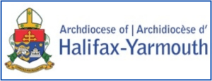 Logo of Archdiocese of Halifax-Yarmouth, which is a crest and blue lettering.