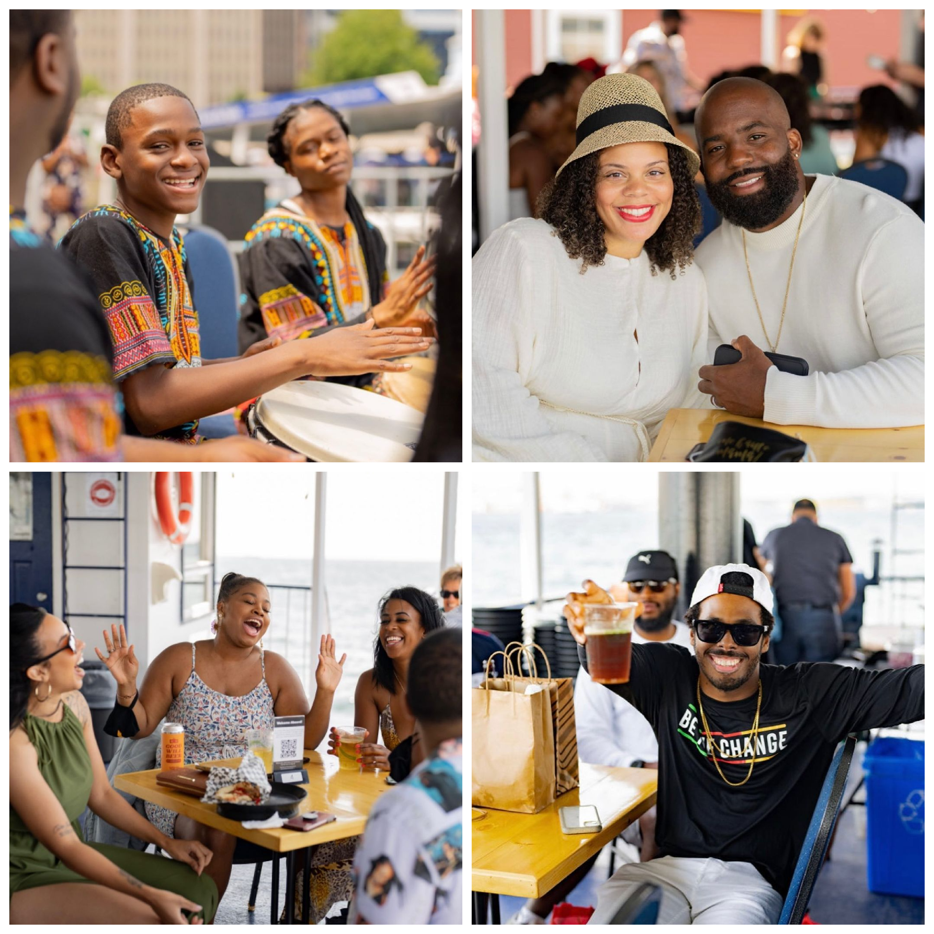 Black Excellence Boat Cruise, four photos, top left to Blottom right: African Drummers, Black married couple smiles for the camera, women laugh onboard, man posed with glass of beer